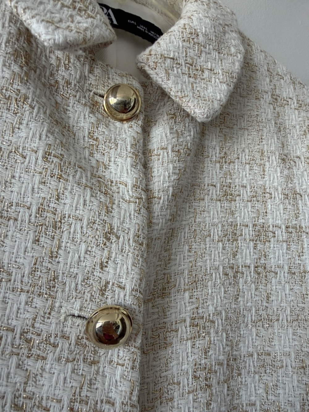 Zara Cream & Gold Textured Tweed Cropped Blazer - Size Large - Picture 4 of 7